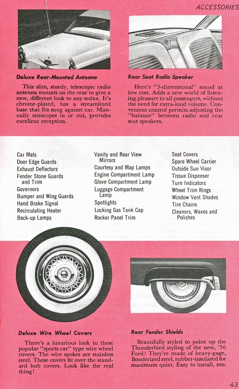 All The Facts Page 43&nbsp;&nbsp; Deluxe Rear-Mounted Antenna&nbsp;&nbsp; Rear Seat Radio Speaker&nbsp;&nbsp; Deluxe Wire Wheel Covers&nbsp; Rear Fender Shields