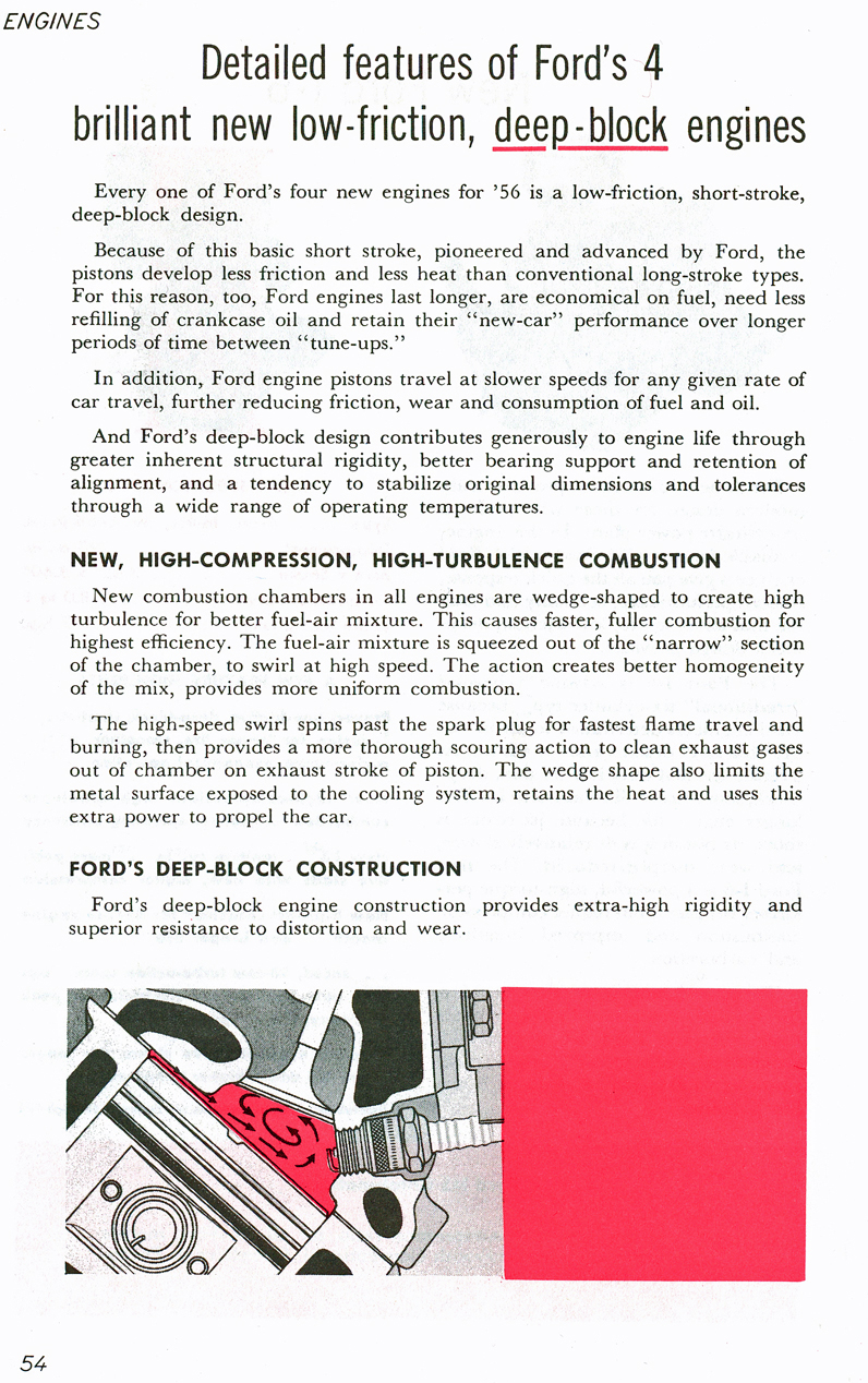 All The Facts Page 54&nbsp;&nbsp; Low-Fricton Short-Stroke Deep-Block Design Engines&nbsp;&nbsp; New High-Compression High-Turbulance Combustion&nbsp;&nbsp; Ford's Deep-Block Construction