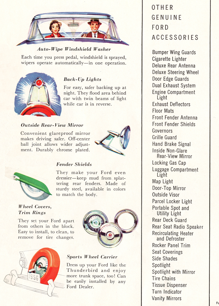 Auto-Wipe Windshield Washer&nbsp;&nbsp; Back-Up Lights&nbsp;&nbsp; Outside Rear-View Mirror&nbsp;&nbsp; Fender Shields&nbsp;&nbsp; Wheels Covers&nbsp;&nbsp; Trim Rings&nbsp;&nbsp; Sports Wheel Carrier&nbsp;&nbsp; Other Genuine Ford Accessories