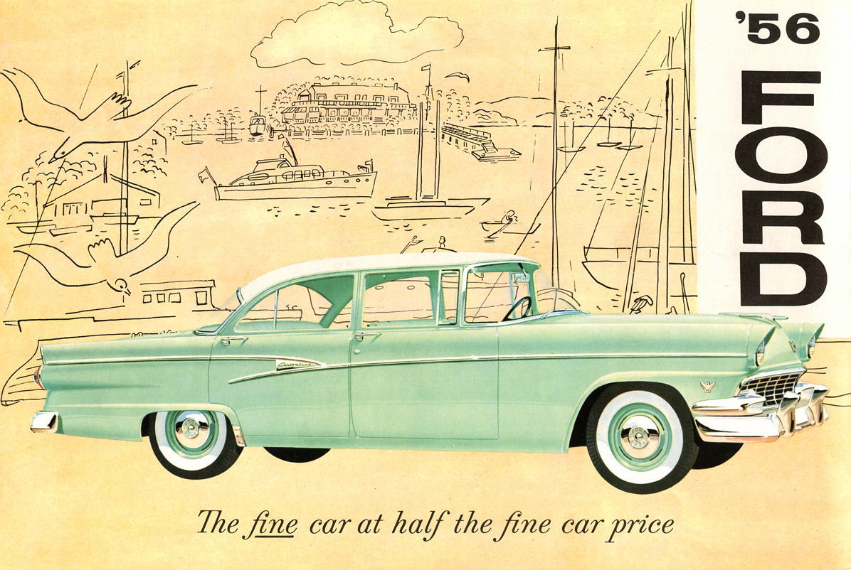 '56 FORD Brochure back cover - illustration of Customline Fordor Sedan