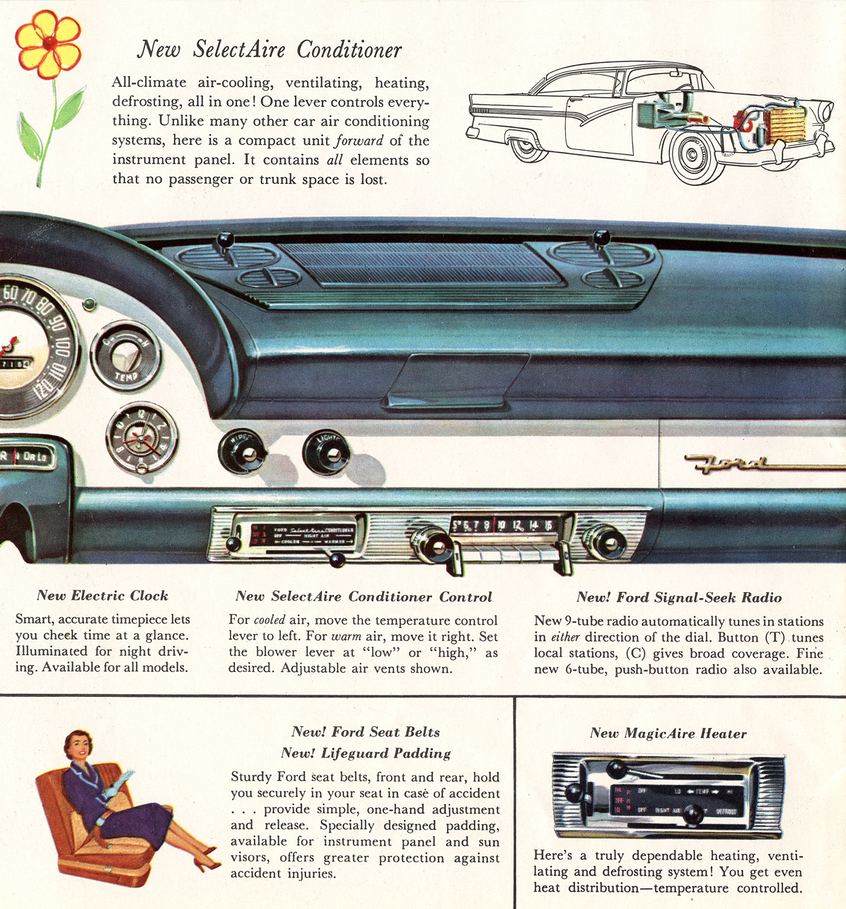 New SelectAire Conditioner&nbsp;&nbsp; New Electric Clock&nbsp;&nbsp; New SelectAire Conditioner Control&nbsp;&nbsp; New Ford Signal-Seek Radio&nbsp;&nbsp; New Ford Seat Belts&nbsp;&nbsp; New Lifeguard Padding&nbsp;&nbsp; New MagicAire Heater