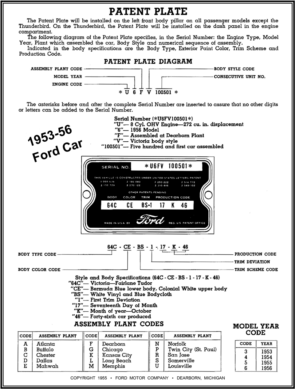 1953-56 Ford Car Data Plate&nbsp; diagram & codes
