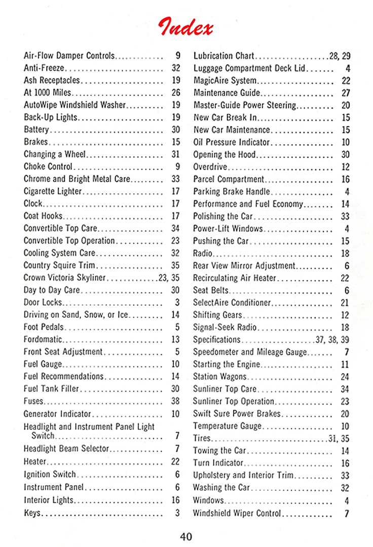 1956 Ford Owner's Manual Index