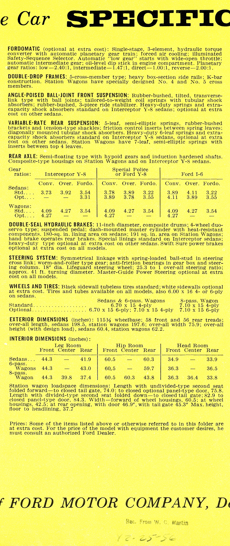 1956 Ford Police Car Brochure - specs page 2 of 3