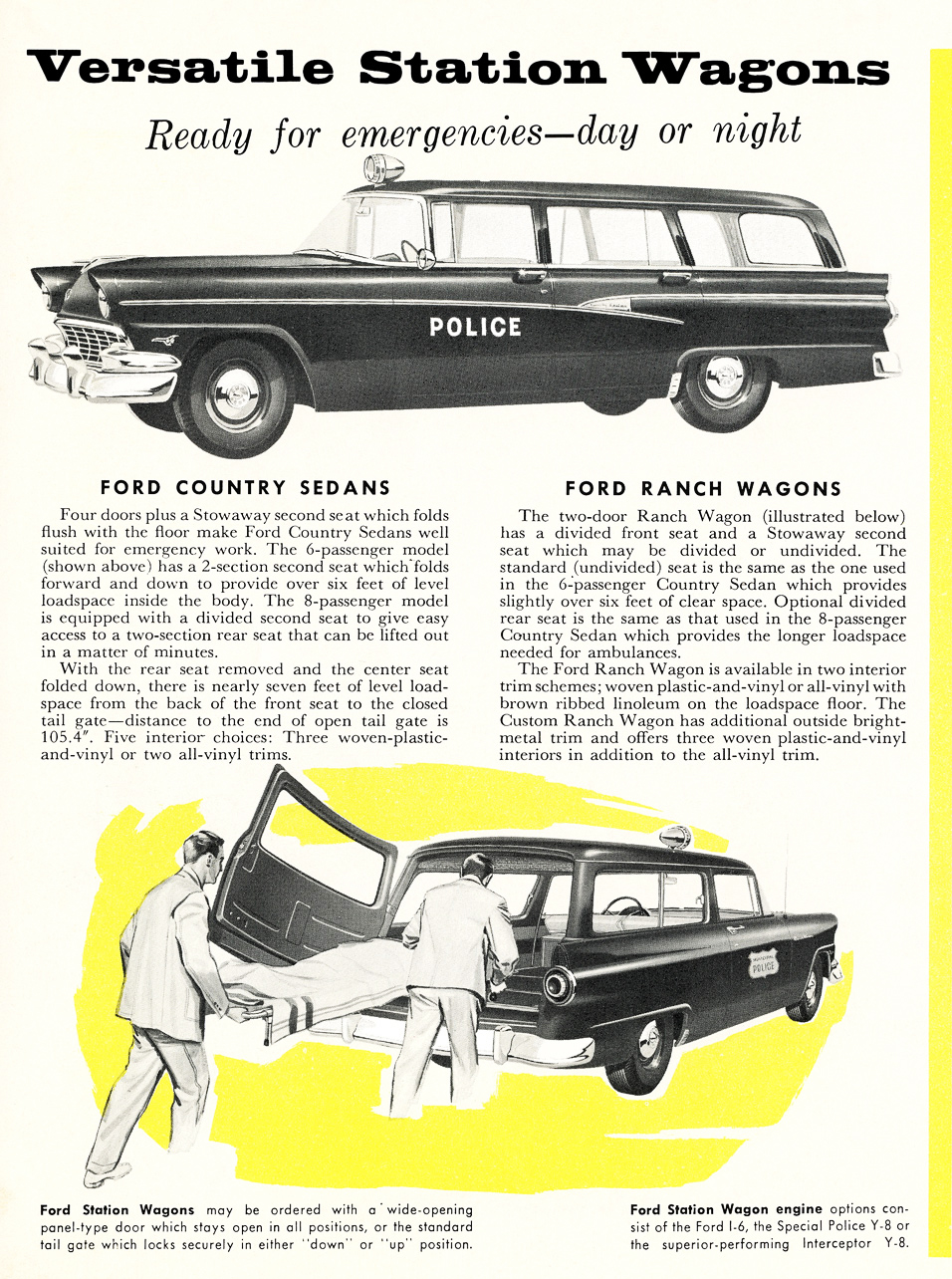 1956 Ford Police Car Brochure - 6-Pass Country Sedan V-8 & Ranch Wagon I-6&nbsp; b/w illustrations
