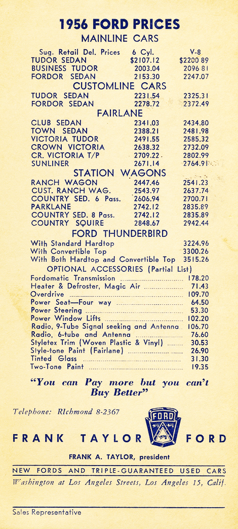 1956 Ford Prices&nbsp; Frank Taylor Ford