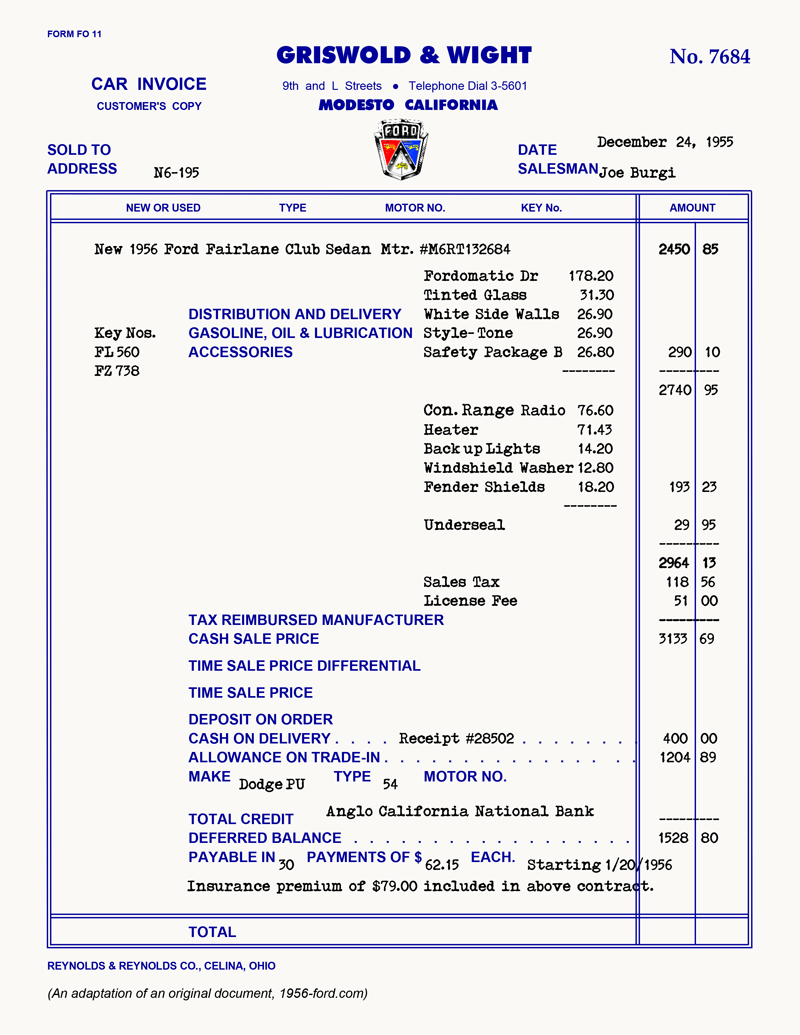 1956 Ford Fairlane Club Sedan&nbsp; invoice