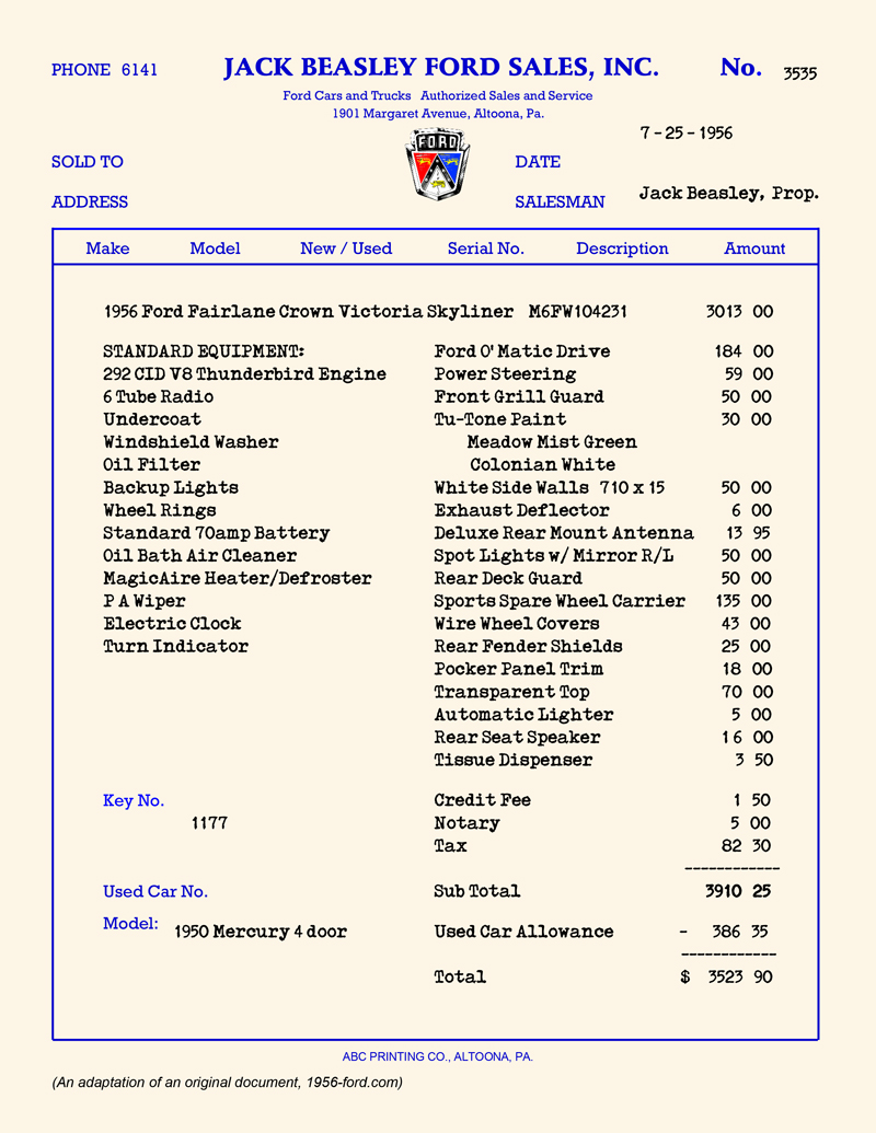1956 Ford Fairlane Crown Victoria Skyliner&nbsp; invoice