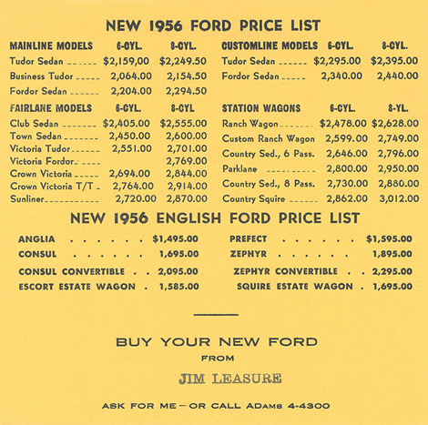 New 1956 Ford Price List Hill & Sanders Inc.
