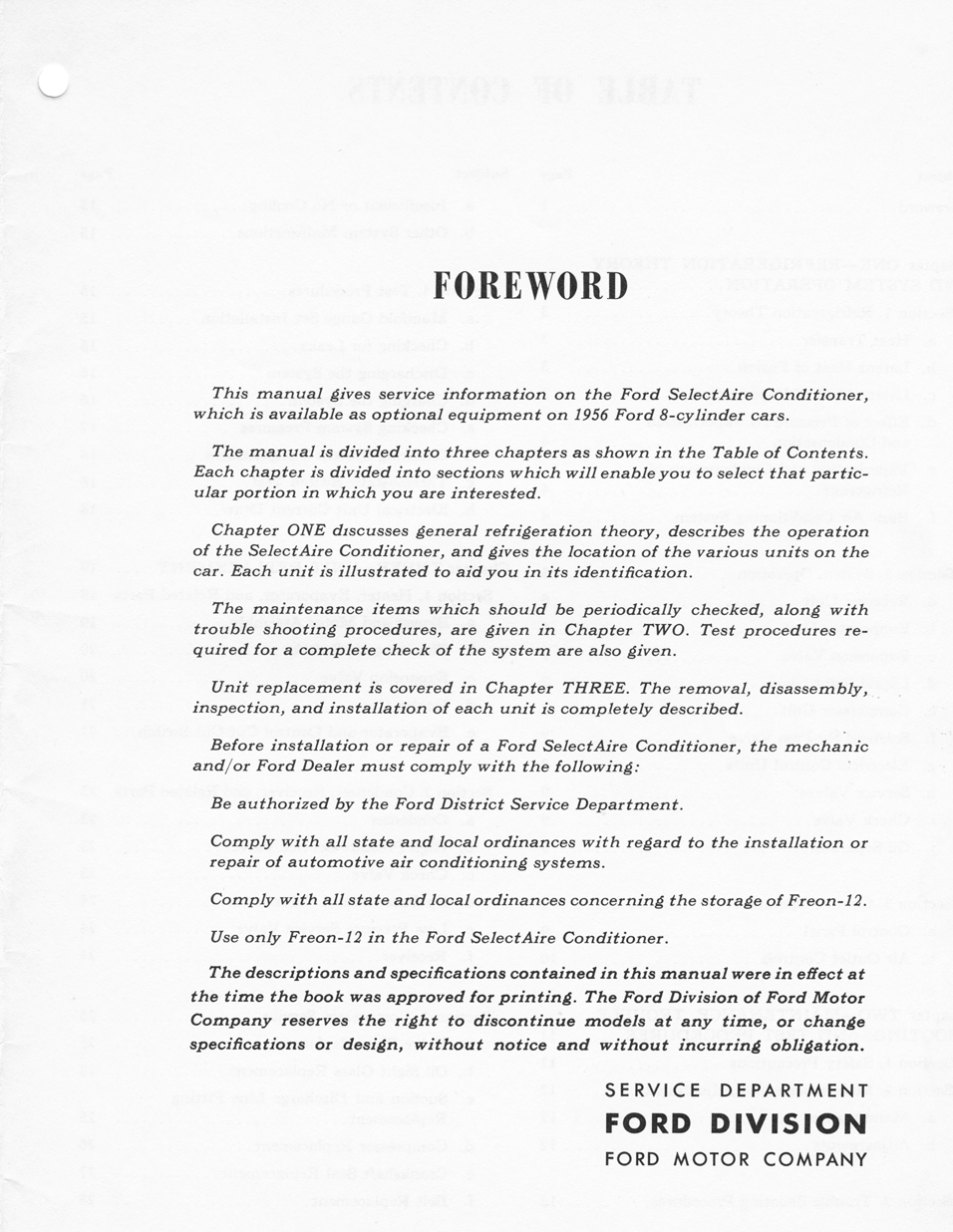 1956 Ford Car Air Conditioning Shop Manual&nbsp; page 1 - "SelectAire Conditioner"