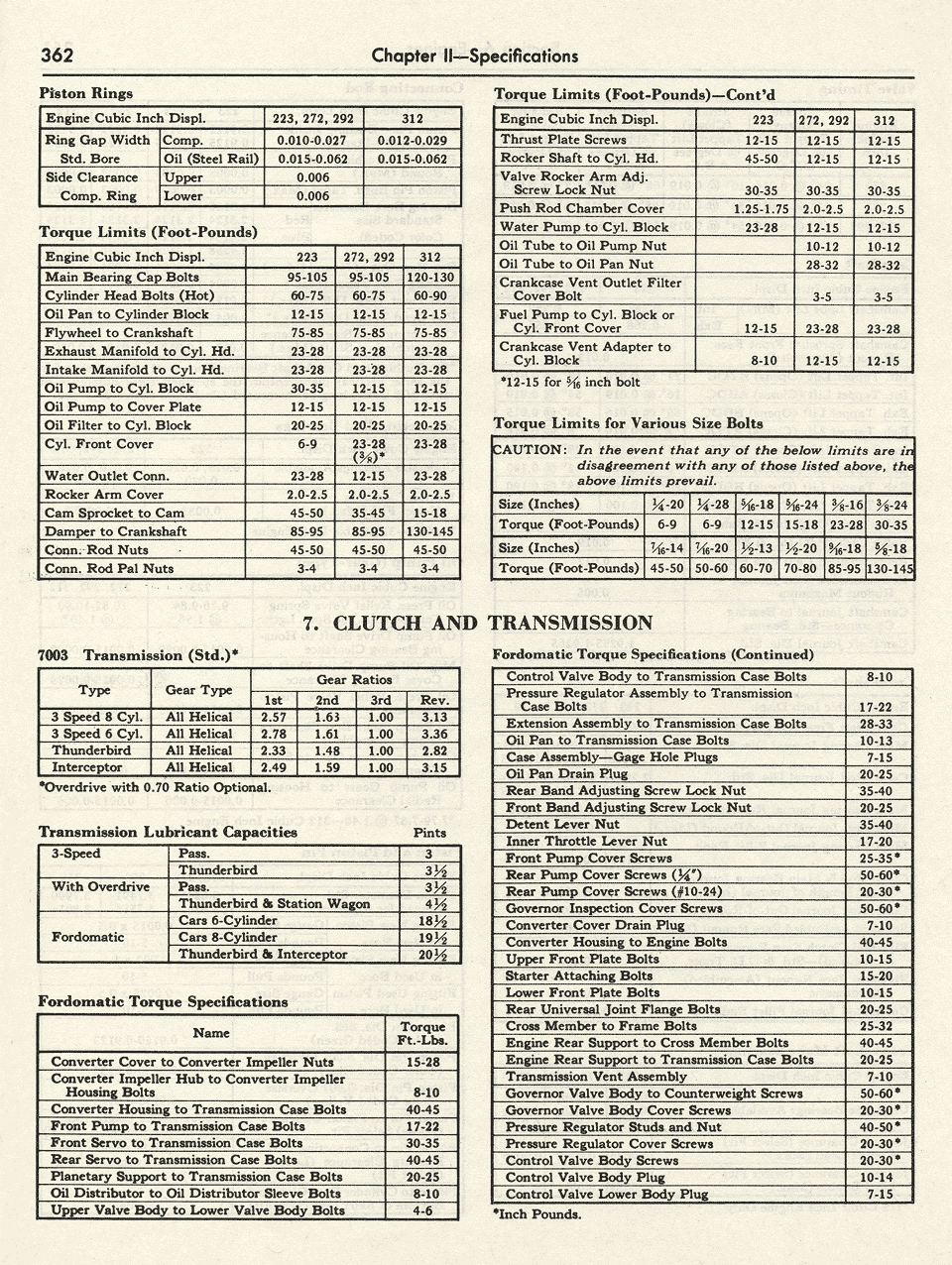 1956 Ford Shop Manual Tuneup Specifications Page 362