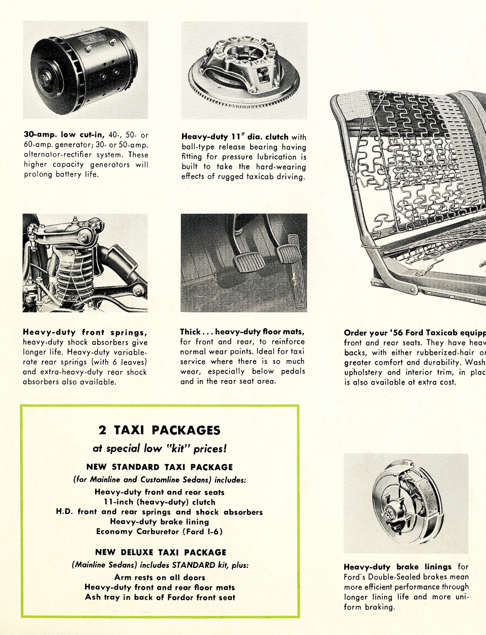 Illustrations & comments for heavy-duty generator, clutch, front springs, floor mat, & brake linings. Details for 2 Taxi Packages.