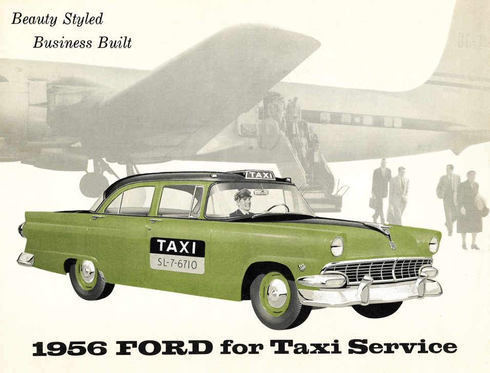1956 Ford for Taxi Service Brochure&nbsp; cover - illustration of black & green Mainline Fordor Sedan Taxi at airport