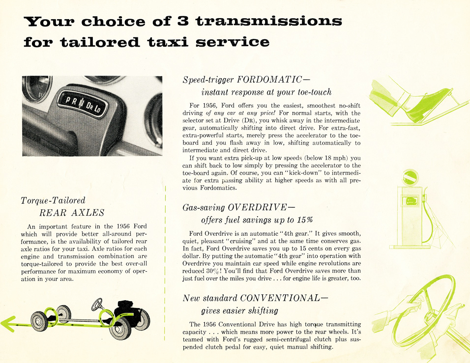 Transmission Gear Selector illustration&nbsp;&nbsp; Speed-Trigger Fordomatic Drive&nbsp;&nbsp; Gas-saving Overdrive&nbsp;&nbsp; New standard Conventional Drive&nbsp;&nbsp; Torque-Tailored Rear Axles