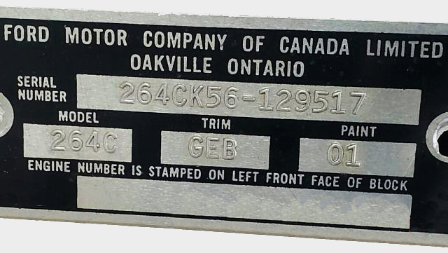 Sample 1956 Meteor Rideau Victoria&nbsp; data plate