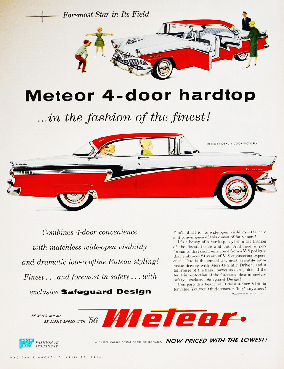 Original Maclean's Magazine ad, April 28, 1956, featuring the Meteor Rideau 4-Door Victoria & "Safeguard Design" 