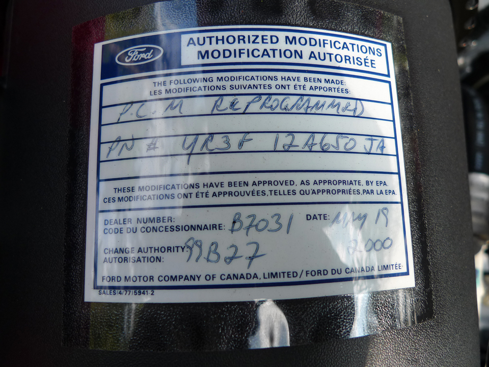 1999 Ford Mustang SVT Cobra Coupe, recall engine tune sticker