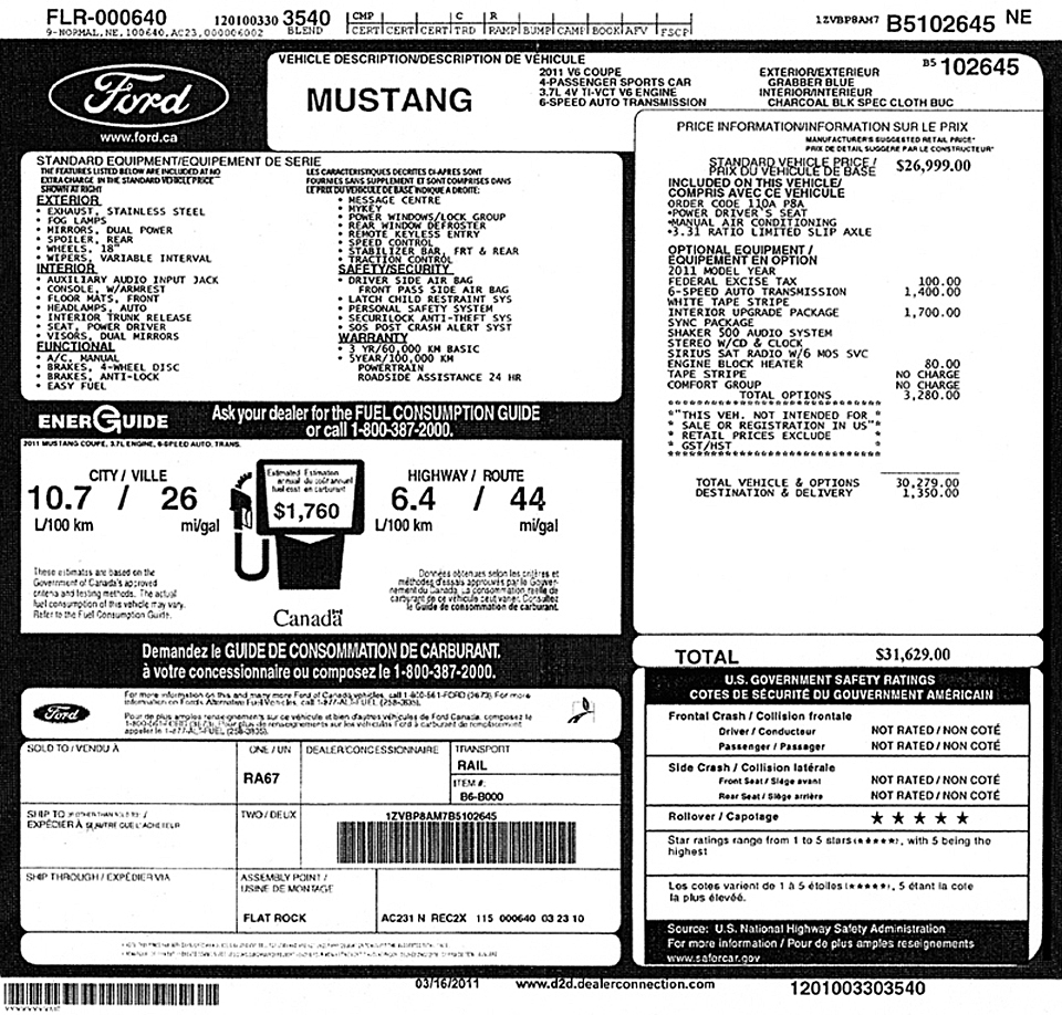 2011 Ford Mustang V6 Coupe  window sticker