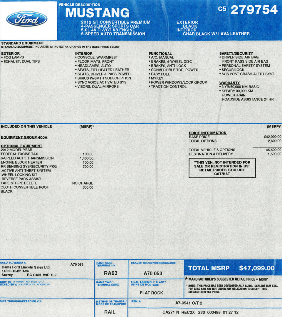2012 Ford Mustang GT Convertible Premium, window sticker