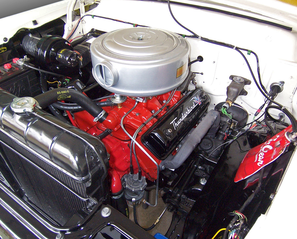 1956 Ford Thunderbird V-8&nbsp; 292-cid 200-hp (202-hp w/ Fordomatic Dr) 4-bbl dual-exh M-code eng (w/ modern Holley 4160 carb)